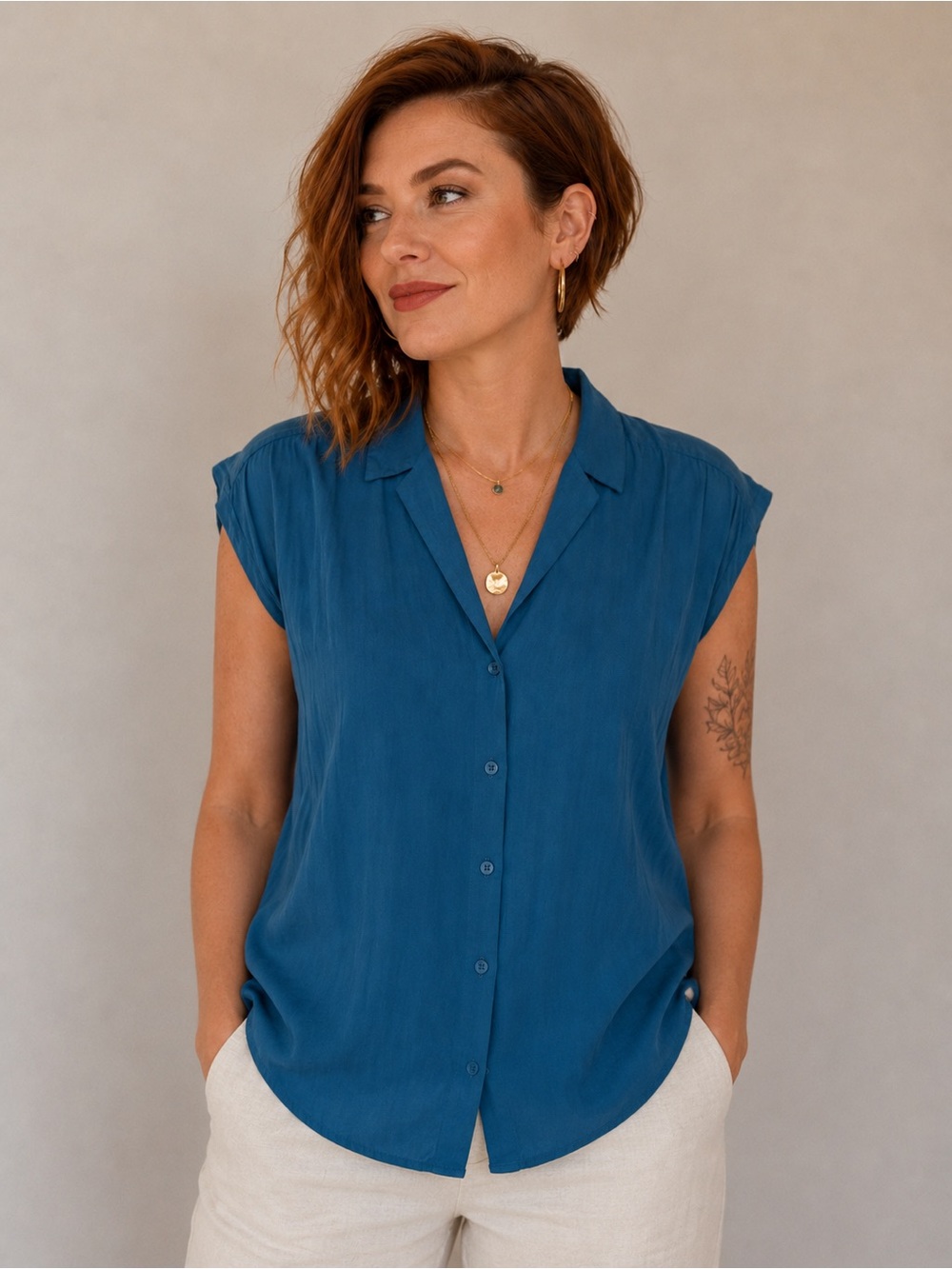 Nine West | Drapey Camp Collar Button-Up Blouse | Size M | EUC | Minimalist Teal